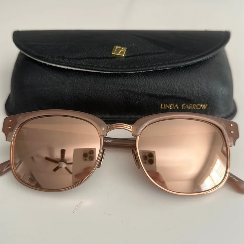 Linda Farrow Clubmaster 24k Rose Gold-Plated Pink Mirrored Sunglasses Square